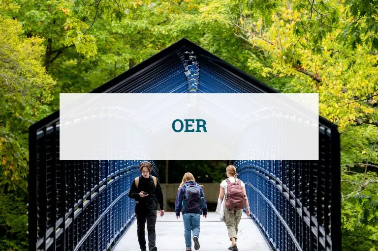 Three students walking across a bridge, they are wearing backpacks, one is facing the camera. There is a banner across the photo that says OER.